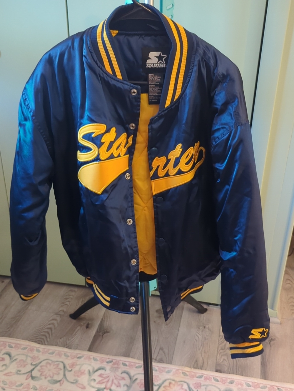 STARTER Navy and Yellow Satin Varsity-Style Jacket
